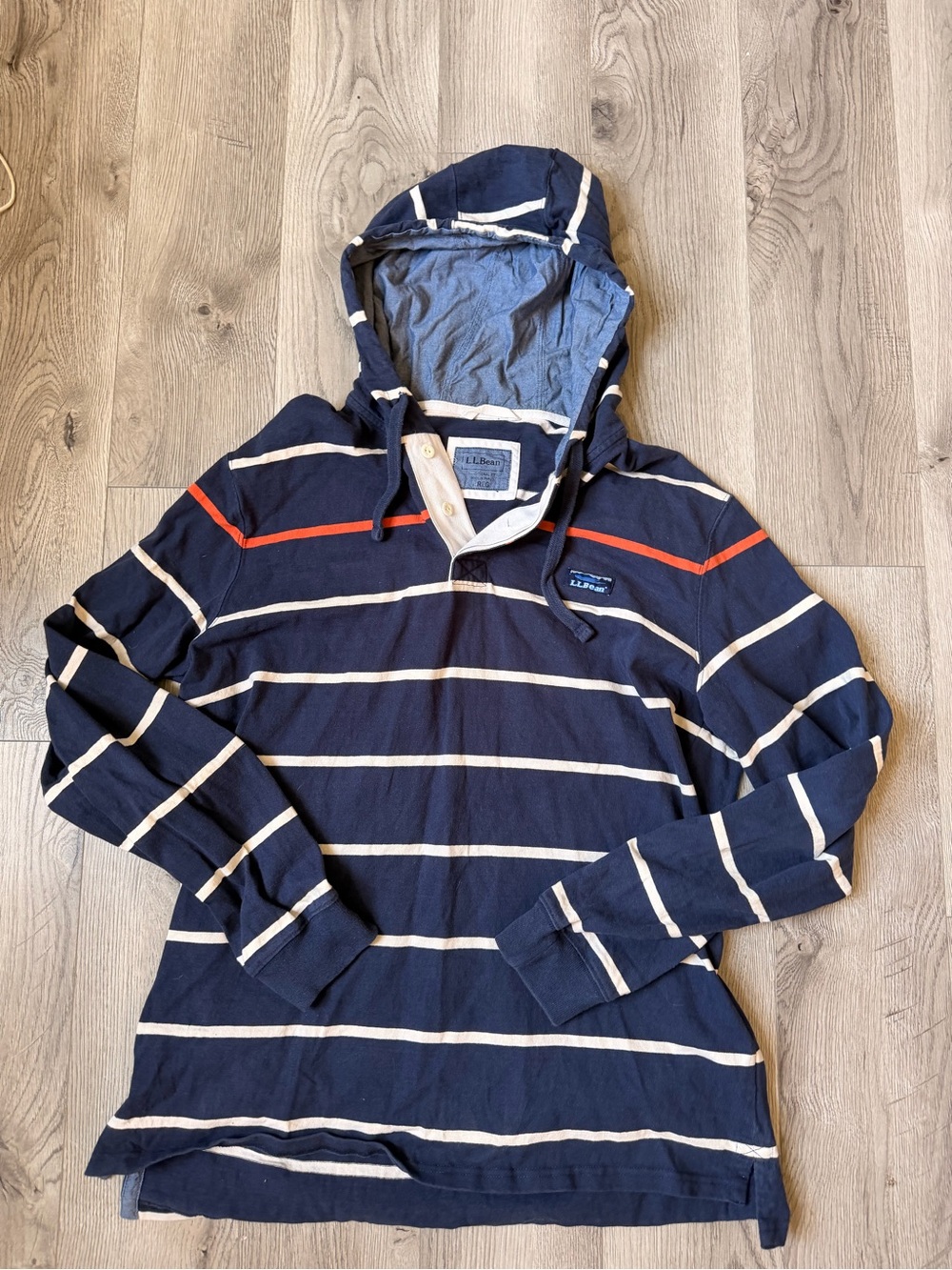 L.L Bean Navy & White Striped Hooded Pullover with Red Accent